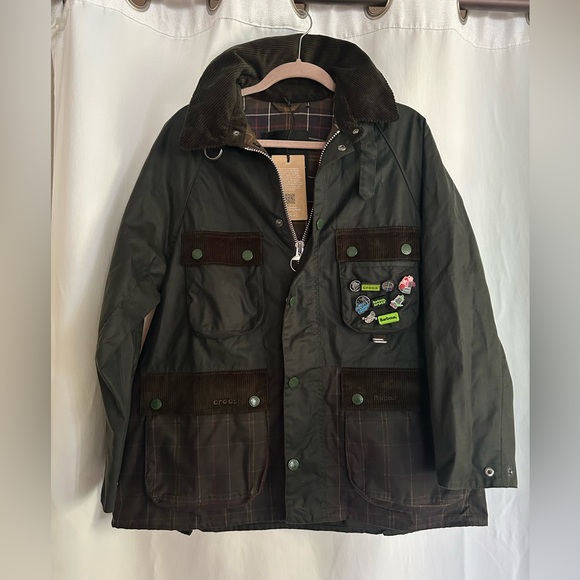 NWT BARBOUR X CROCS SIZE SMALL BEDALE WAX JACKET TARTAN FOREST GREEN EXCLUSIVE - Picture 1 of 16